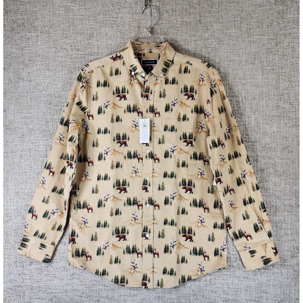 Club Room Forest Print Corduroy Shirt Mens S Tan Bears Deer Ducks Hunting NWT